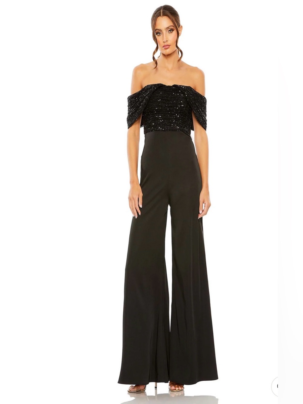 Mac Duggal Black Off-Shoulder Sequin Bodice Wide-Leg Jumpsuit